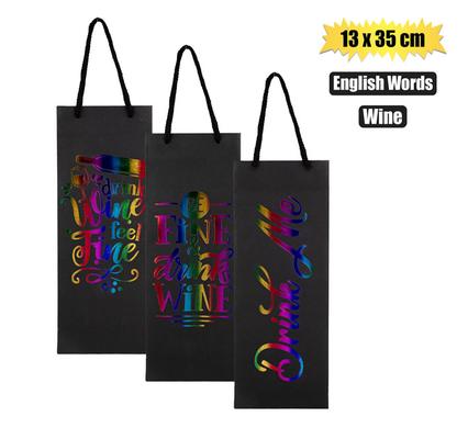 GIFT-BAG PPR WINE ENG WORDS 13x35cm BLK product image