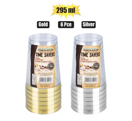 PICNIC CUPS PL 295ml 6PCE GOLD/SLVR RIM product image