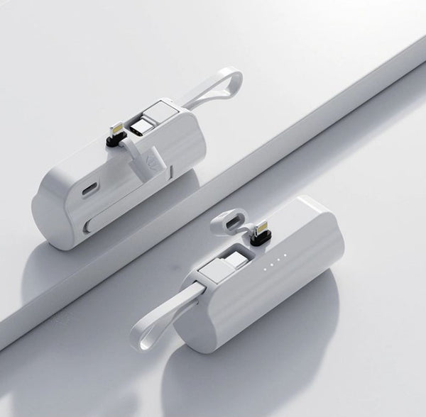 8000Mah Mini Power Bank With Lightning Pin And Type C Cable - White